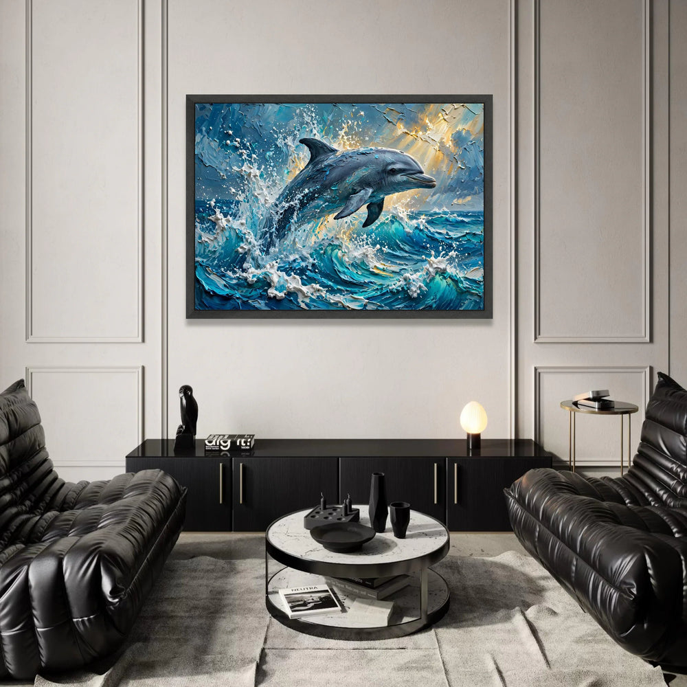 Jumping Dolphin Canvas Wall Art, Ocean Wave Splash, Marine Life Decoration, Coastal Wall Art, Blue Sea Canvas Print Canvas Print Art