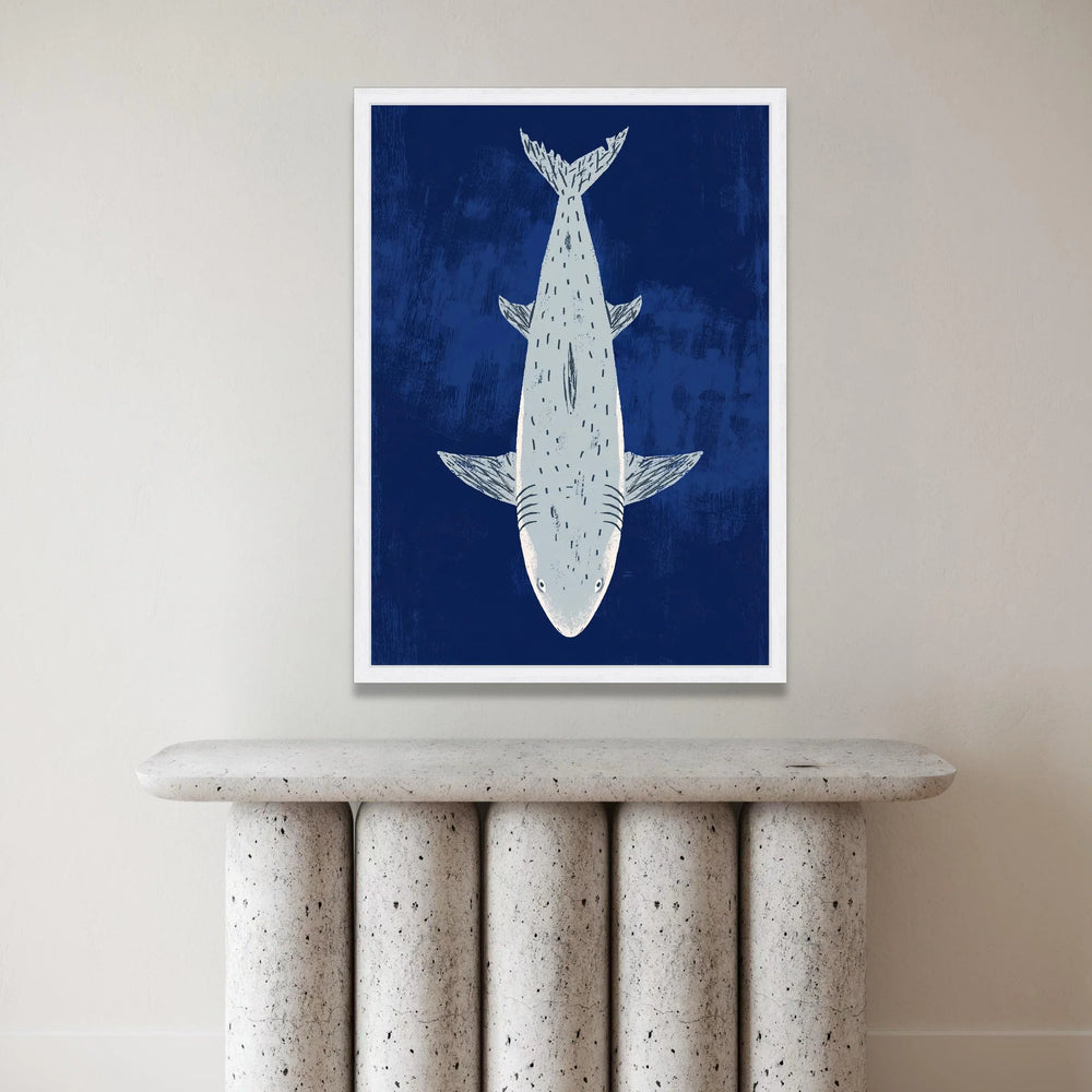 Minimalist Shark Illustration Canvas, Ocean Animal Wall Art, Nautical Home Decor, Blue Marine Canvas, Coastal Bedroom Canvas Print Art