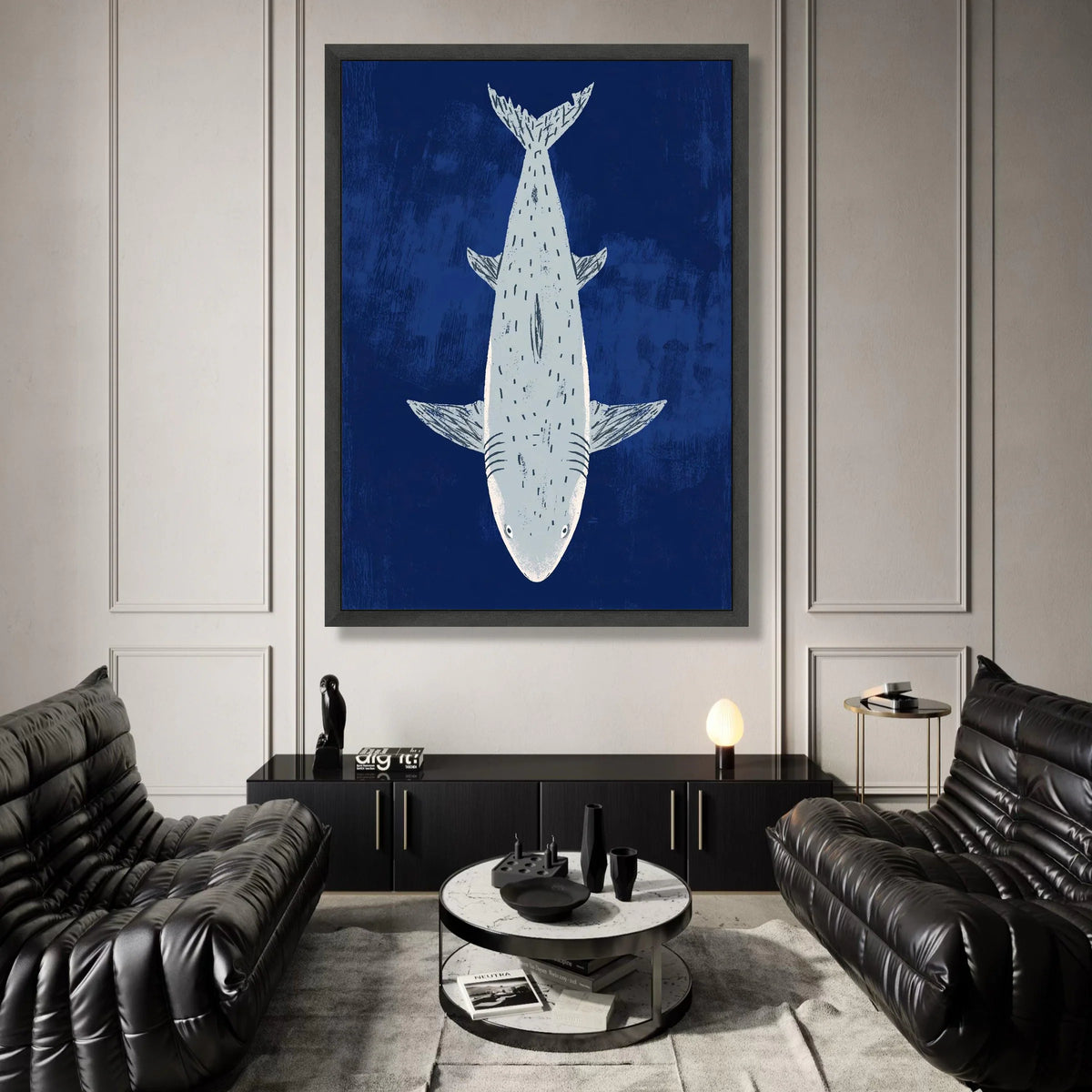Minimalist Shark Illustration Canvas, Ocean Animal Wall Art, Nautical Home Decor, Blue Marine Canvas, Coastal Bedroom Canvas Print Art