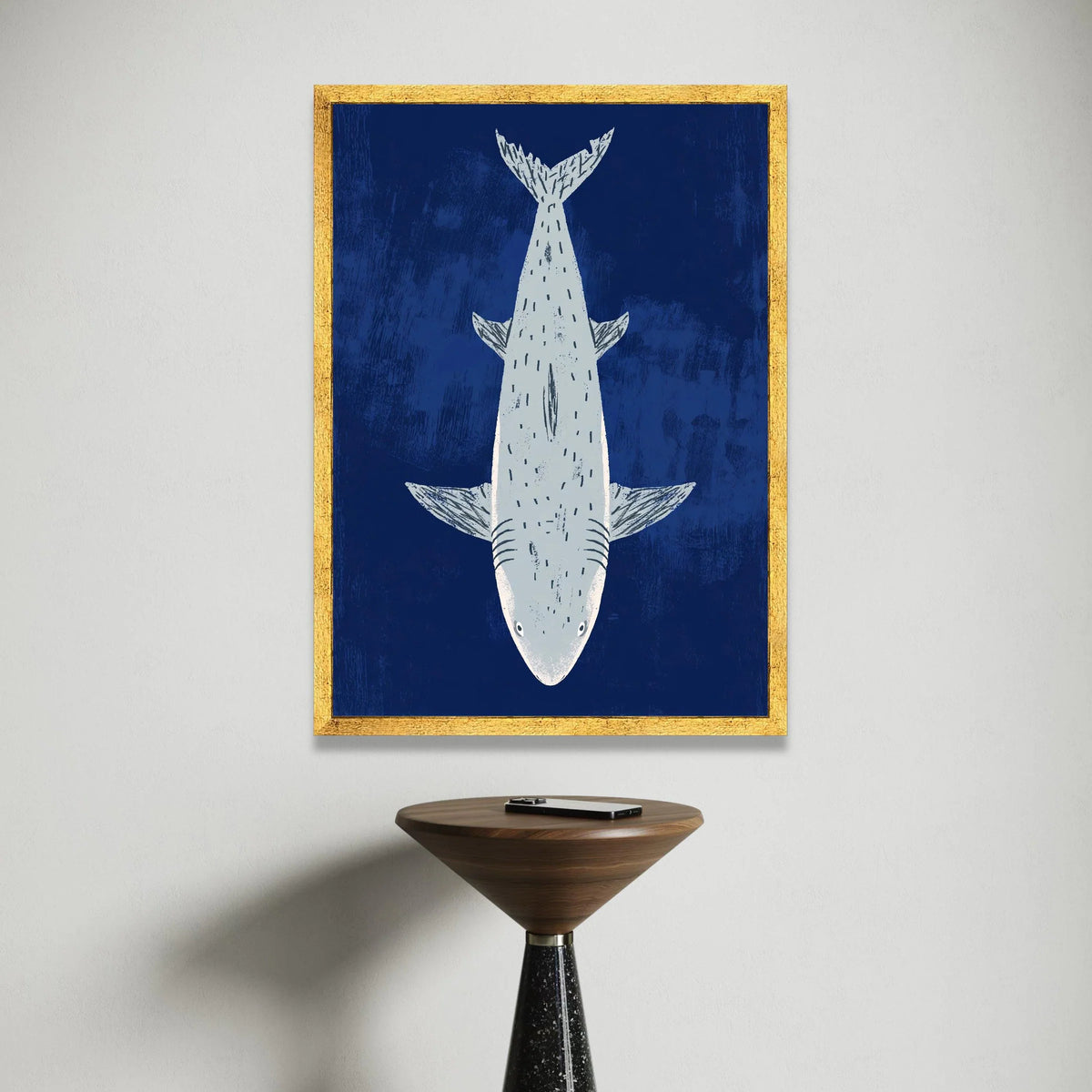 Minimalist Shark Illustration Canvas, Ocean Animal Wall Art, Nautical Home Decor, Blue Marine Canvas, Coastal Bedroom Canvas Print Art