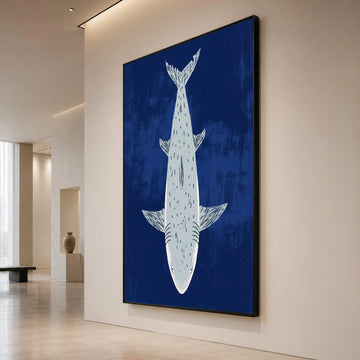 Minimalist Shark Illustration Canvas, Ocean Animal Wall Art, Nautical Home Decor, Blue Marine Canvas, Coastal Bedroom Canvas Print Art