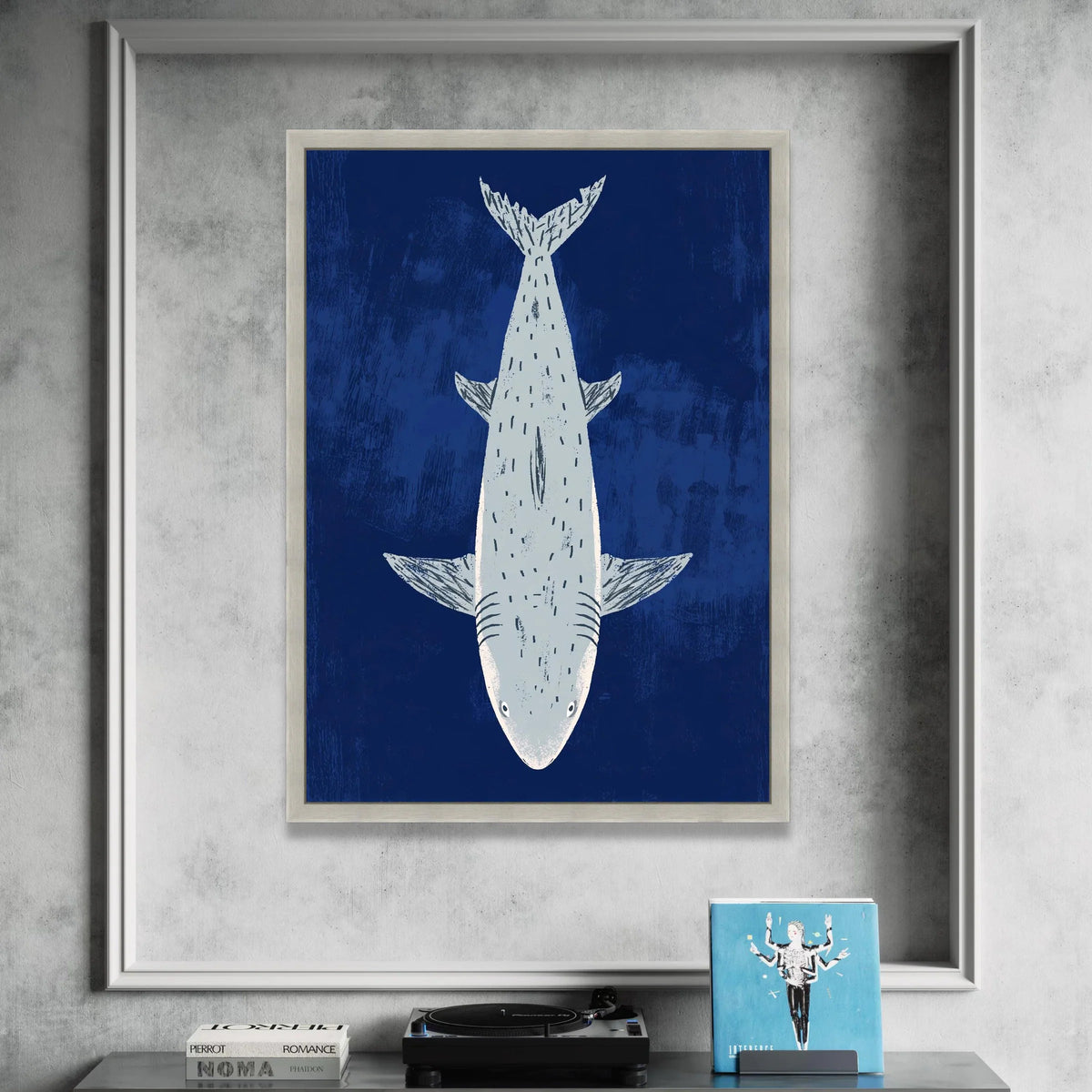 Minimalist Shark Illustration Canvas, Ocean Animal Wall Art, Nautical Home Decor, Blue Marine Canvas, Coastal Bedroom Canvas Print Art