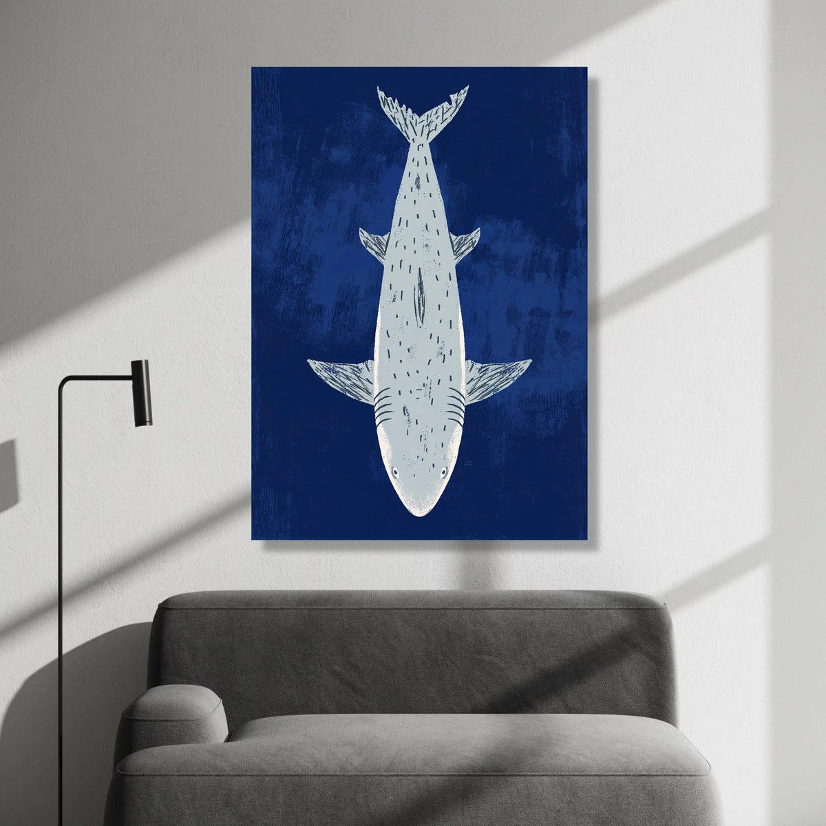 Minimalist Shark Illustration Canvas, Ocean Animal Wall Art, Nautical Home Decor, Blue Marine Canvas, Coastal Bedroom Canvas Print Art