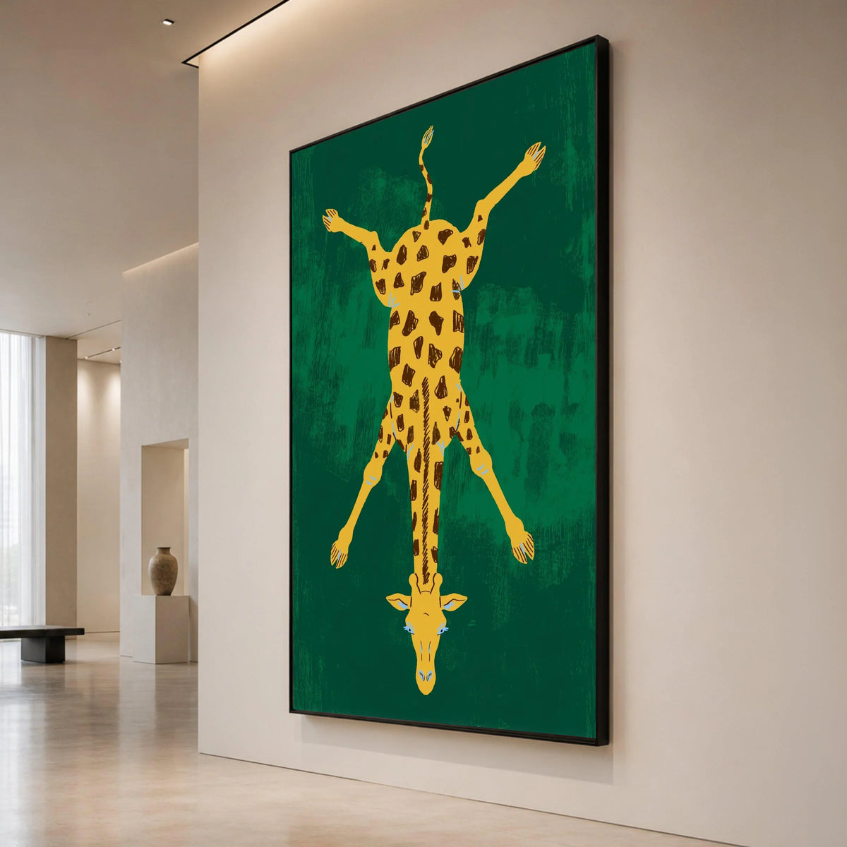 Playful Giraffe Illustration Canvas, Unique Animal Wall Art, Bold Wildlife Decor, Modern Safari Canvas, Green Background Canvas Print Art