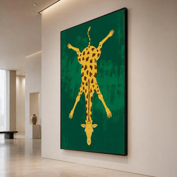 Playful Giraffe Illustration Canvas, Unique Animal Wall Art, Bold Wildlife Decor, Modern Safari Canvas, Green Background Canvas Print Art
