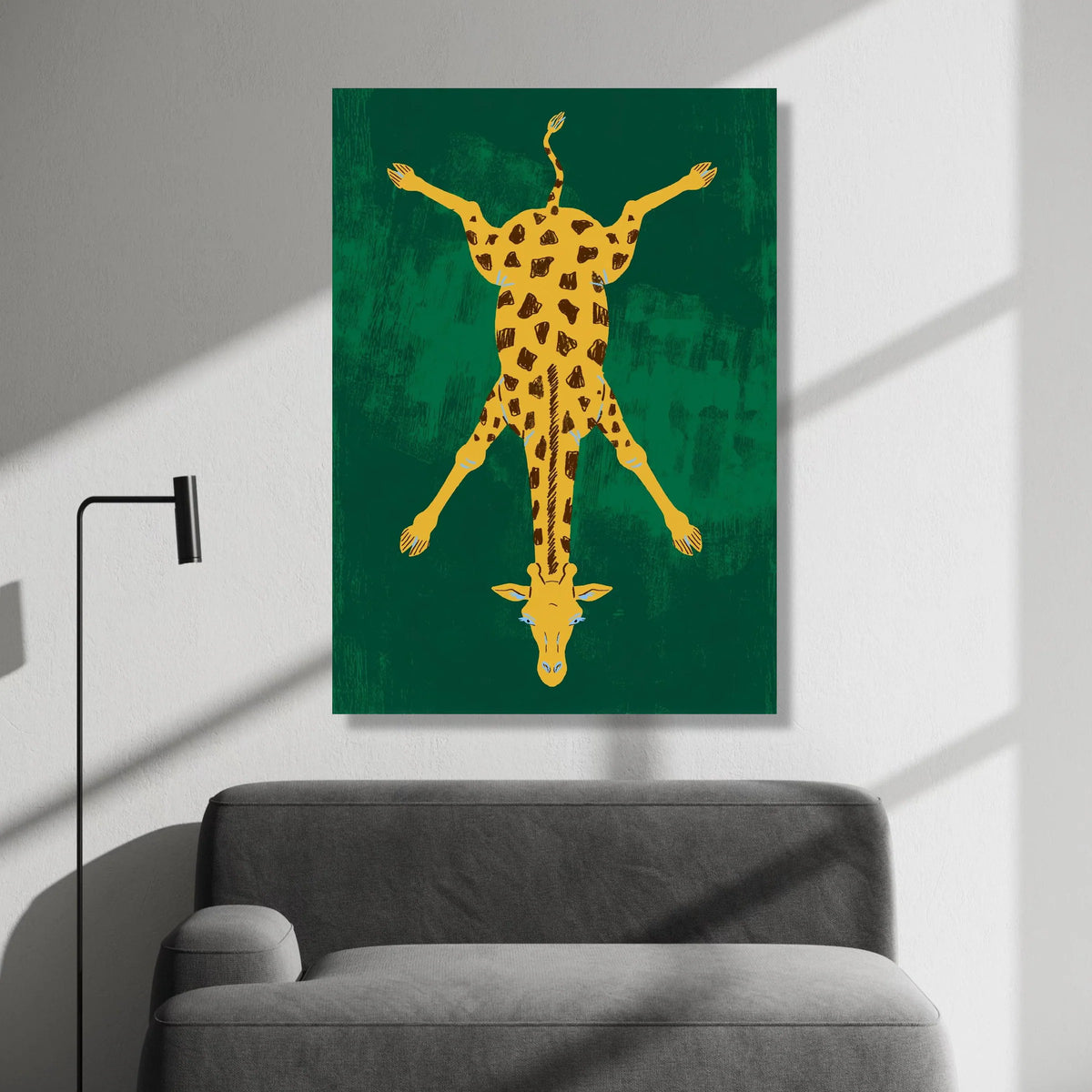 Playful Giraffe Illustration Canvas, Unique Animal Wall Art, Bold Wildlife Decor, Modern Safari Canvas, Green Background Canvas Print Art