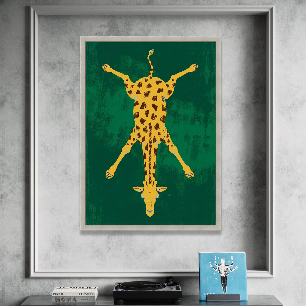 Playful Giraffe Illustration Canvas, Unique Animal Wall Art, Bold Wildlife Decor, Modern Safari Canvas, Green Background Canvas Print Art