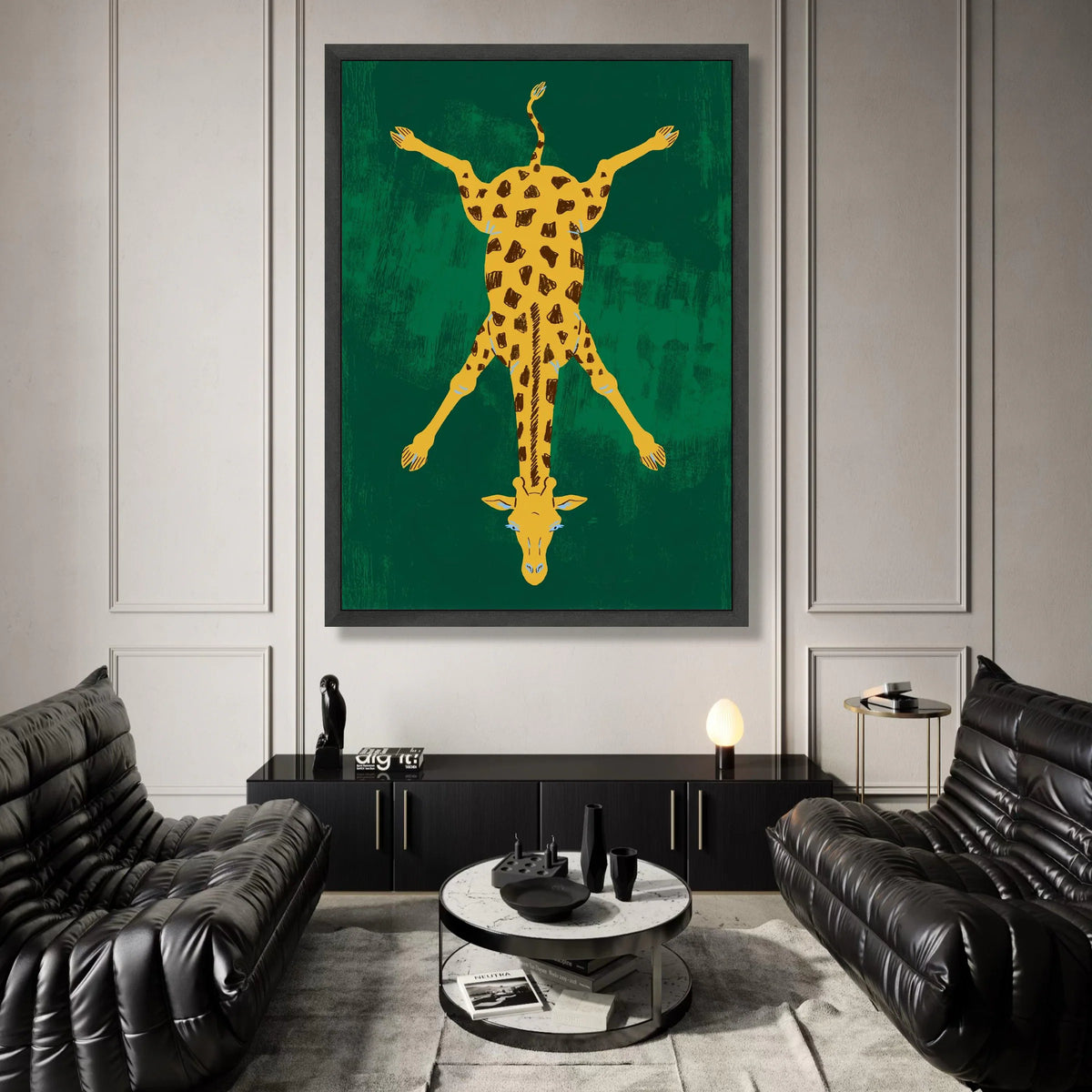 Playful Giraffe Illustration Canvas, Unique Animal Wall Art, Bold Wildlife Decor, Modern Safari Canvas, Green Background Canvas Print Art