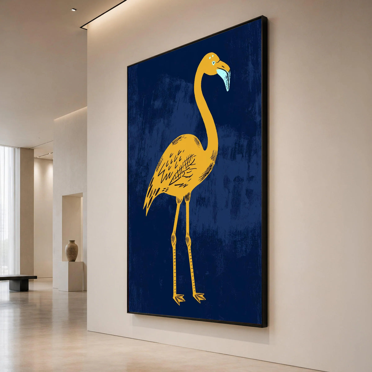 Bold Yellow Flamingo Canvas, Minimalist Bird Wall Art, Modern Animal Illustration, Navy Blue Background, Ready to Hang Home Canvas Print Art