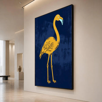 Bold Yellow Flamingo Canvas, Minimalist Bird Wall Art, Modern Animal Illustration, Navy Blue Background, Ready to Hang Home Canvas Print Art