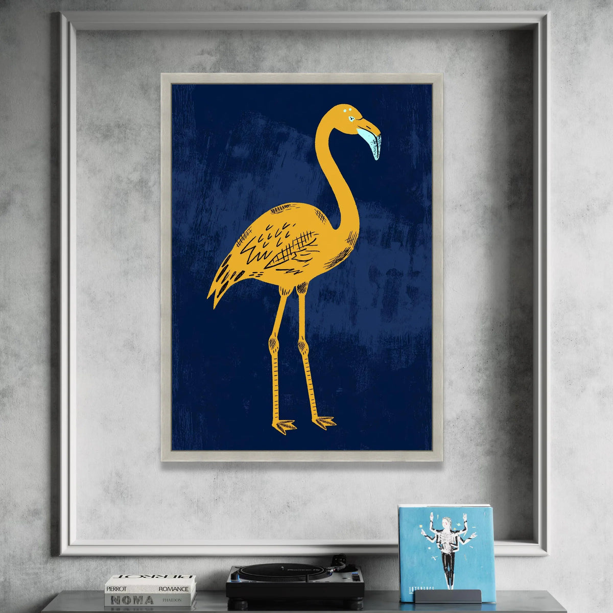Bold Yellow Flamingo Canvas, Minimalist Bird Wall Art, Modern Animal Illustration, Navy Blue Background, Ready to Hang Home Canvas Print Art
