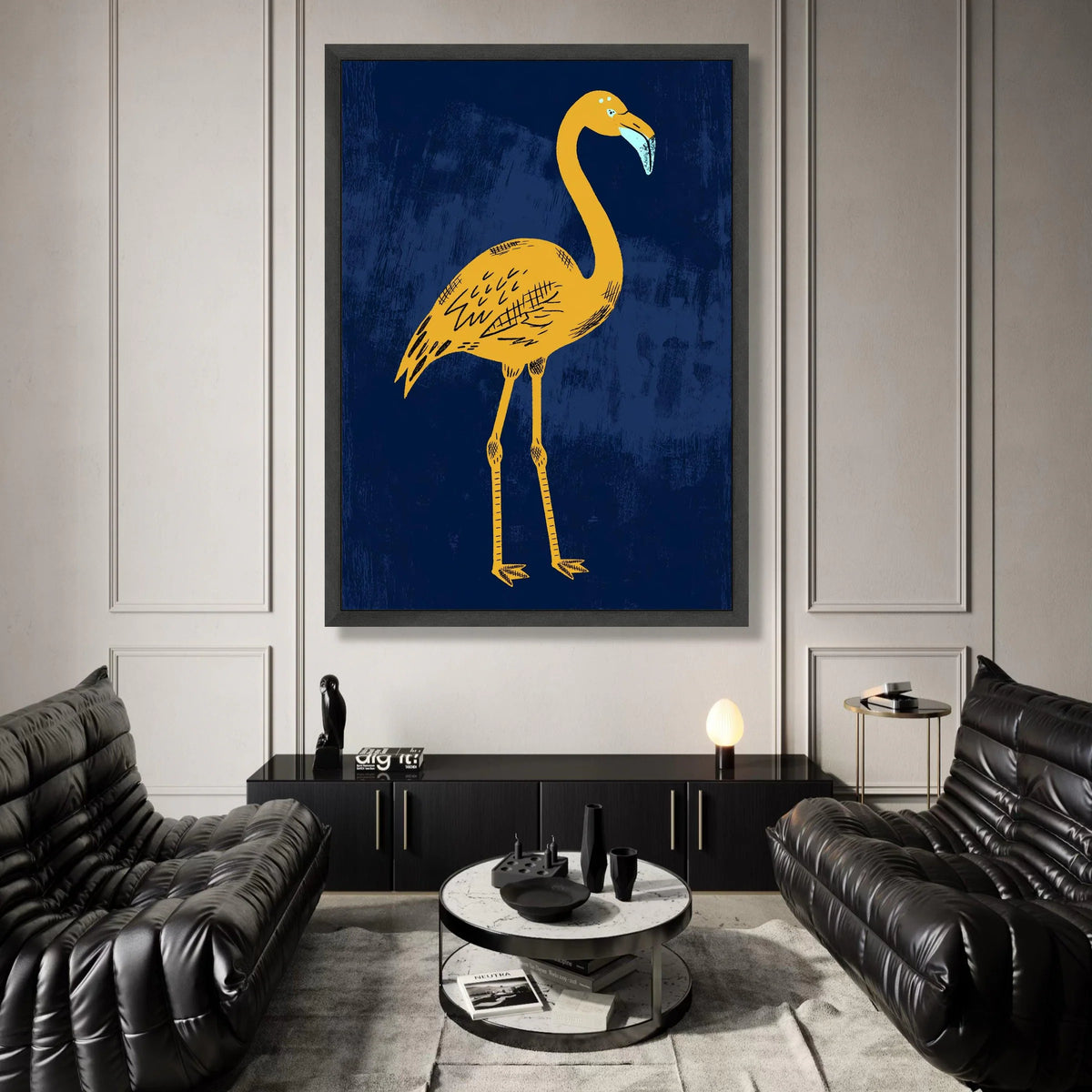 Bold Yellow Flamingo Canvas, Minimalist Bird Wall Art, Modern Animal Illustration, Navy Blue Background, Ready to Hang Home Canvas Print Art