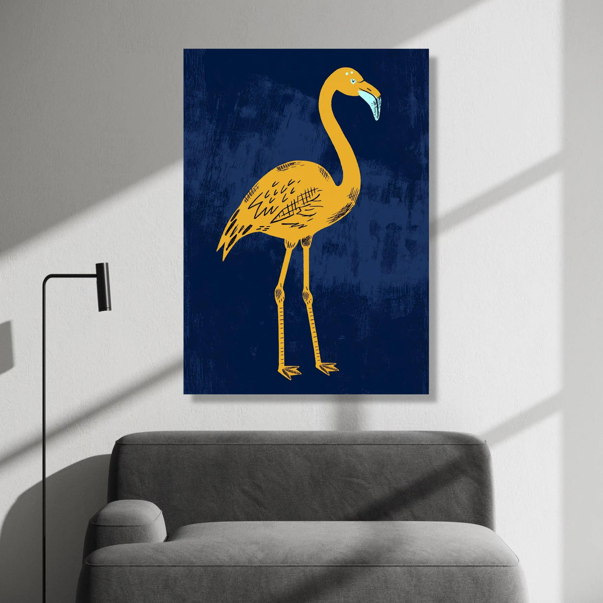 Bold Yellow Flamingo Canvas, Minimalist Bird Wall Art, Modern Animal Illustration, Navy Blue Background, Ready to Hang Home Canvas Print Art
