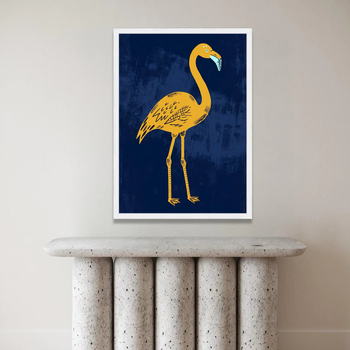 Bold Yellow Flamingo Canvas, Minimalist Bird Wall Art, Modern Animal Illustration, Navy Blue Background, Ready to Hang Home Canvas Print Art