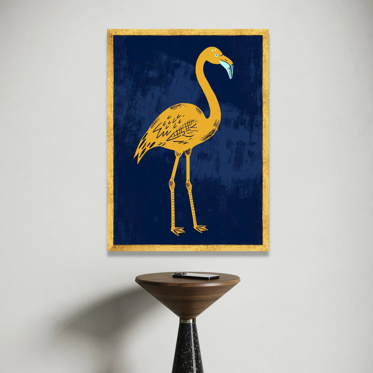 Bold Yellow Flamingo Canvas, Minimalist Bird Wall Art, Modern Animal Illustration, Navy Blue Background, Ready to Hang Home Canvas Print Art