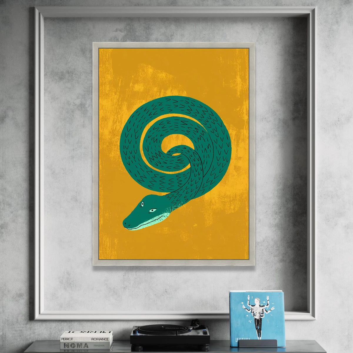 Coiled Green Snake Illustration Canvas, Bold Animal Wall Art, Modern Abstract Reptile Print, Vibrant Yellow Background Canvas Print Art