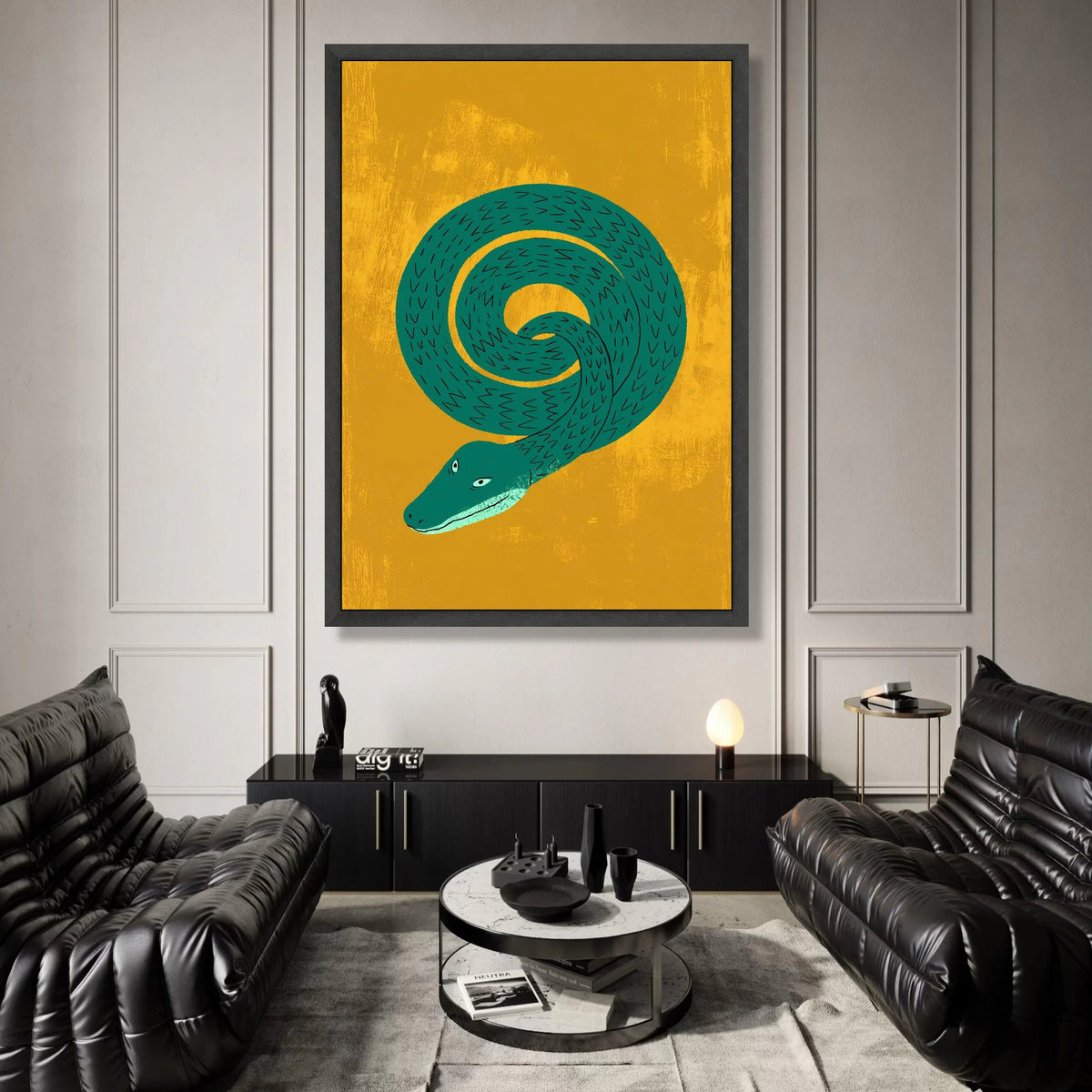 Coiled Green Snake Illustration Canvas, Bold Animal Wall Art, Modern Abstract Reptile Print, Vibrant Yellow Background Canvas Print Art