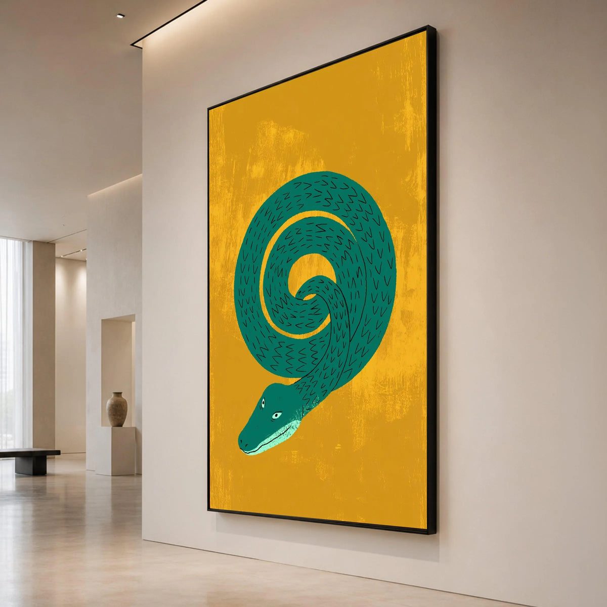 Coiled Green Snake Illustration Canvas, Bold Animal Wall Art, Modern Abstract Reptile Print, Vibrant Yellow Background Canvas Print Art