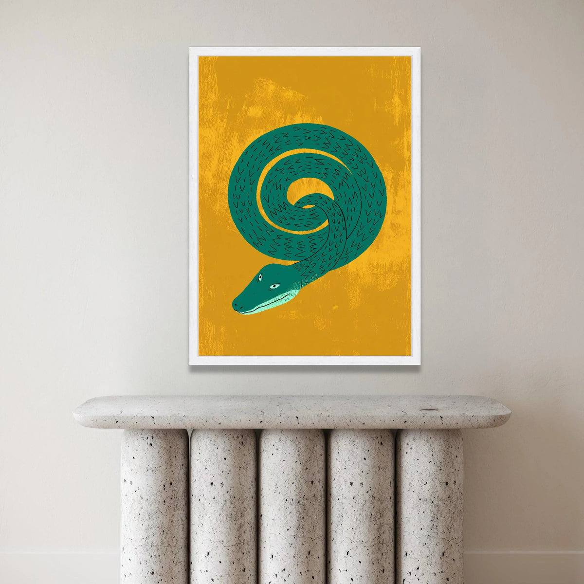Coiled Green Snake Illustration Canvas, Bold Animal Wall Art, Modern Abstract Reptile Print, Vibrant Yellow Background Canvas Print Art
