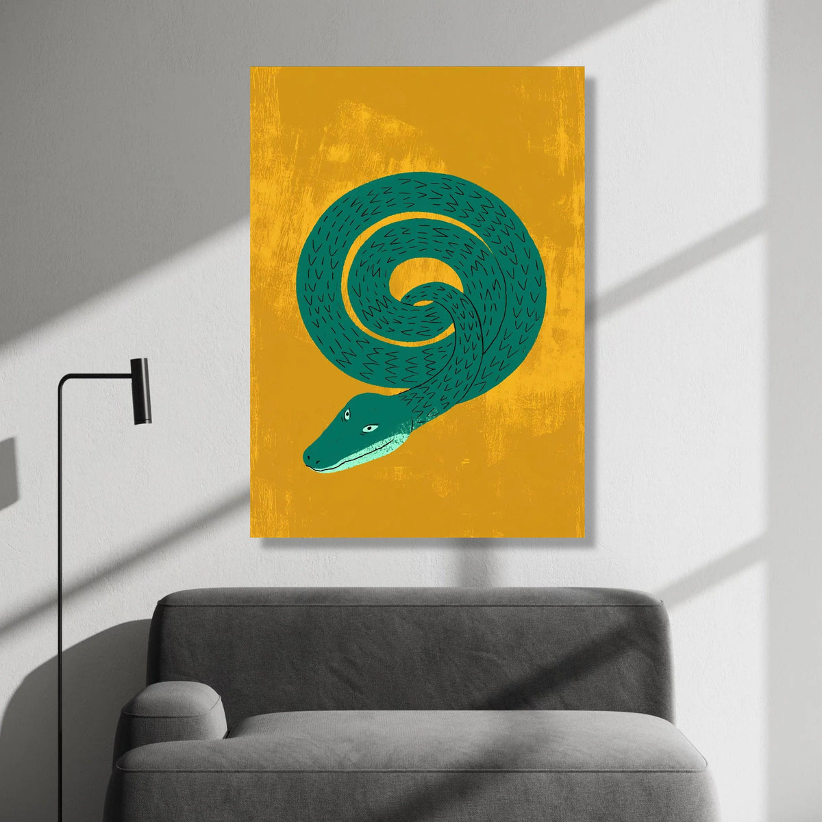 Coiled Green Snake Illustration Canvas, Bold Animal Wall Art, Modern Abstract Reptile Print, Vibrant Yellow Background Canvas Print Art