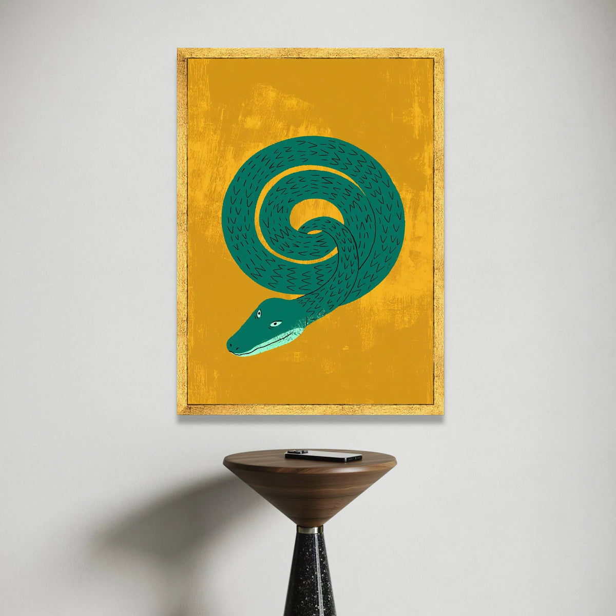 Coiled Green Snake Illustration Canvas, Bold Animal Wall Art, Modern Abstract Reptile Print, Vibrant Yellow Background Canvas Print Art