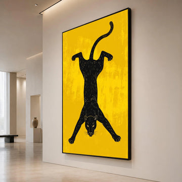 Black Panther Silhouette Canvas, Bold Animal Wall Art, Modern Yellow Background, Wildlife Canvas Decoration, Fierce Cat Art Canvas Print Art
