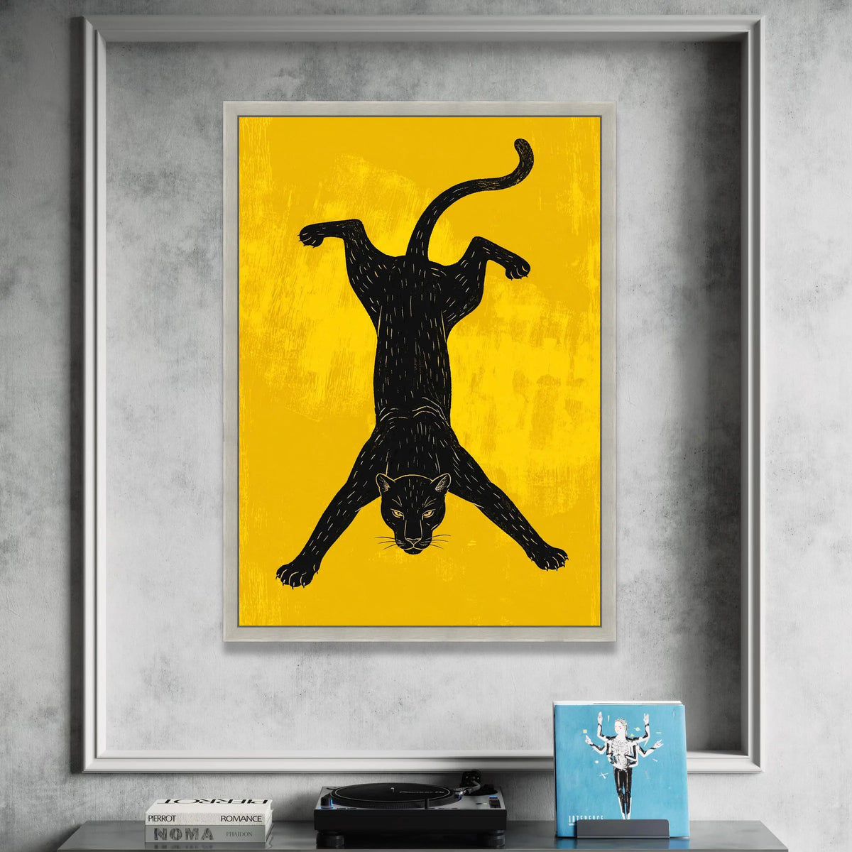 Black Panther Silhouette Canvas, Bold Animal Wall Art, Modern Yellow Background, Wildlife Canvas Decoration, Fierce Cat Art Canvas Print Art