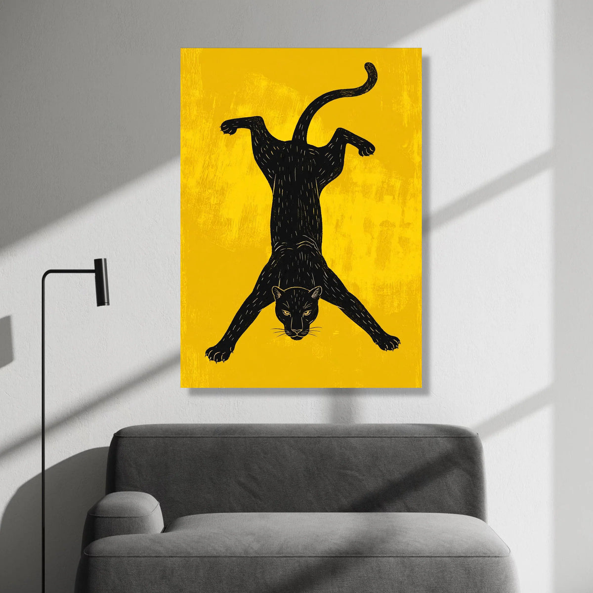 Black Panther Silhouette Canvas, Bold Animal Wall Art, Modern Yellow Background, Wildlife Canvas Decoration, Fierce Cat Art Canvas Print Art