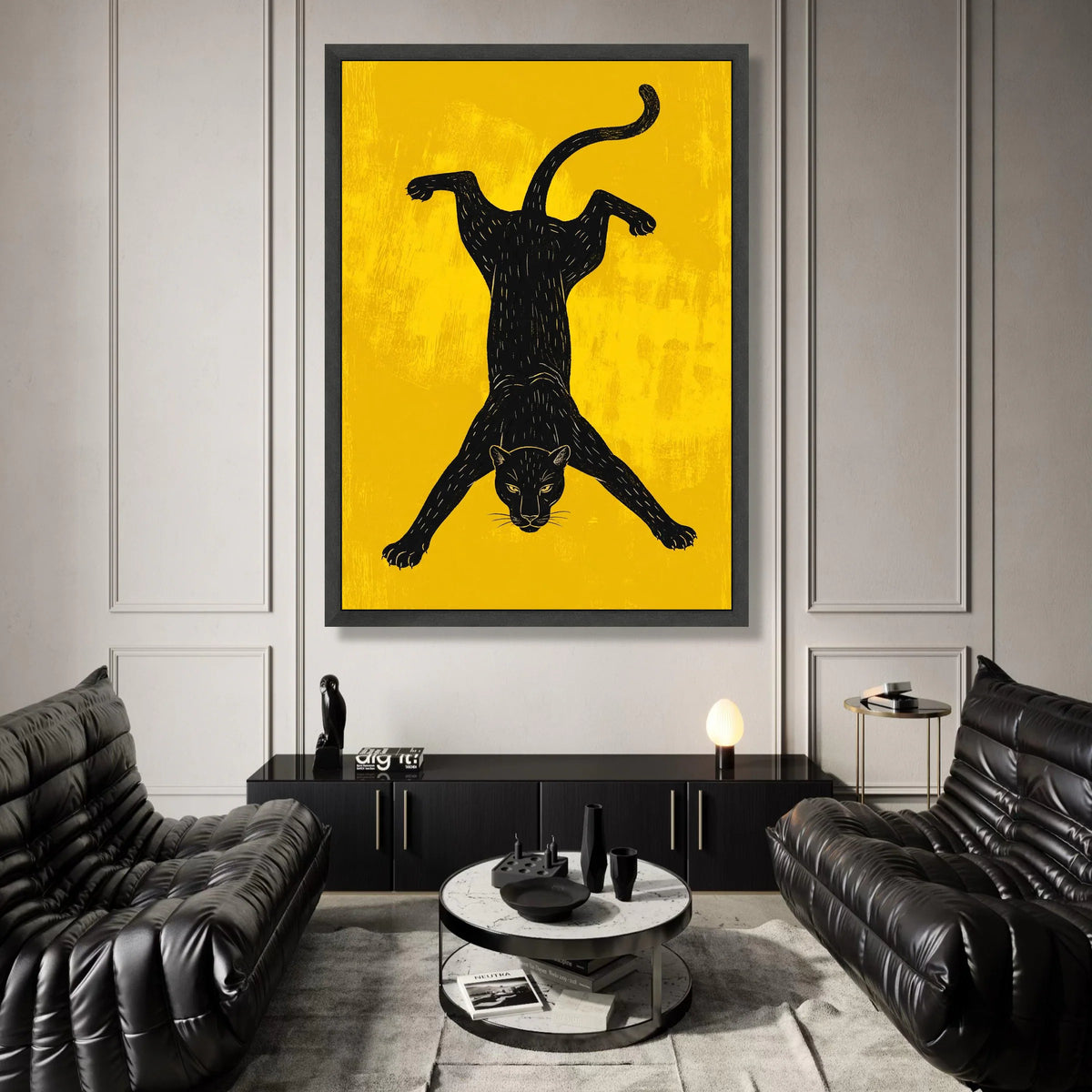 Black Panther Silhouette Canvas, Bold Animal Wall Art, Modern Yellow Background, Wildlife Canvas Decoration, Fierce Cat Art Canvas Print Art