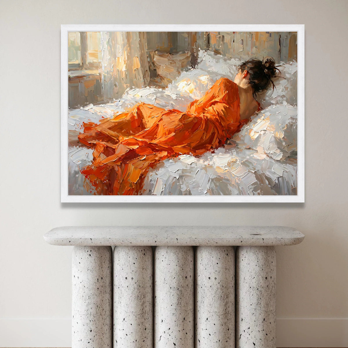 Woman Orange Dress Reclining, Bedroom Relaxation Canvas, Modern Impressionist Wall Art, Cozy Home Decor, Living Room Canvas Canvas Print Art