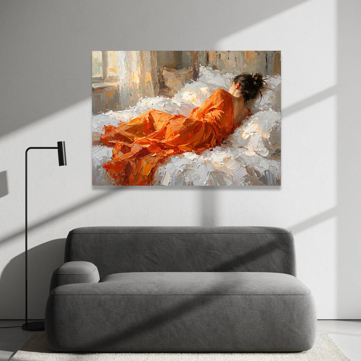 Woman Orange Dress Reclining, Bedroom Relaxation Canvas, Modern Impressionist Wall Art, Cozy Home Decor, Living Room Canvas Canvas Print Art