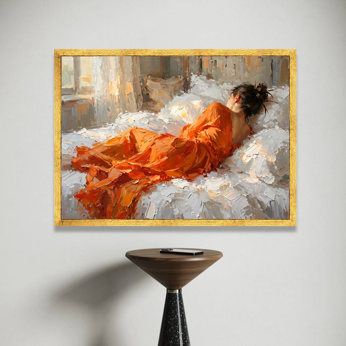 Woman Orange Dress Reclining, Bedroom Relaxation Canvas, Modern Impressionist Wall Art, Cozy Home Decor, Living Room Canvas Canvas Print Art