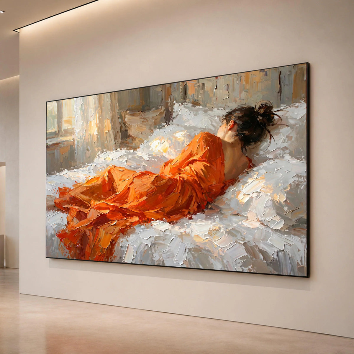 Woman Orange Dress Reclining, Bedroom Relaxation Canvas, Modern Impressionist Wall Art, Cozy Home Decor, Living Room Canvas Canvas Print Art