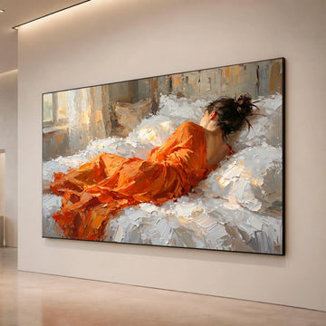 Woman Orange Dress Reclining, Bedroom Relaxation Canvas, Modern Impressionist Wall Art, Cozy Home Decor, Living Room Canvas Canvas Print Art