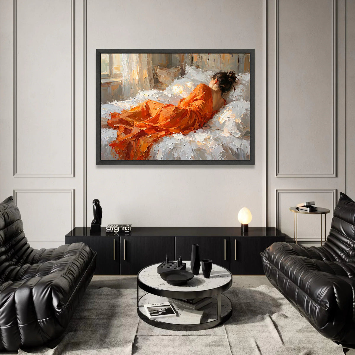 Woman Orange Dress Reclining, Bedroom Relaxation Canvas, Modern Impressionist Wall Art, Cozy Home Decor, Living Room Canvas Canvas Print Art