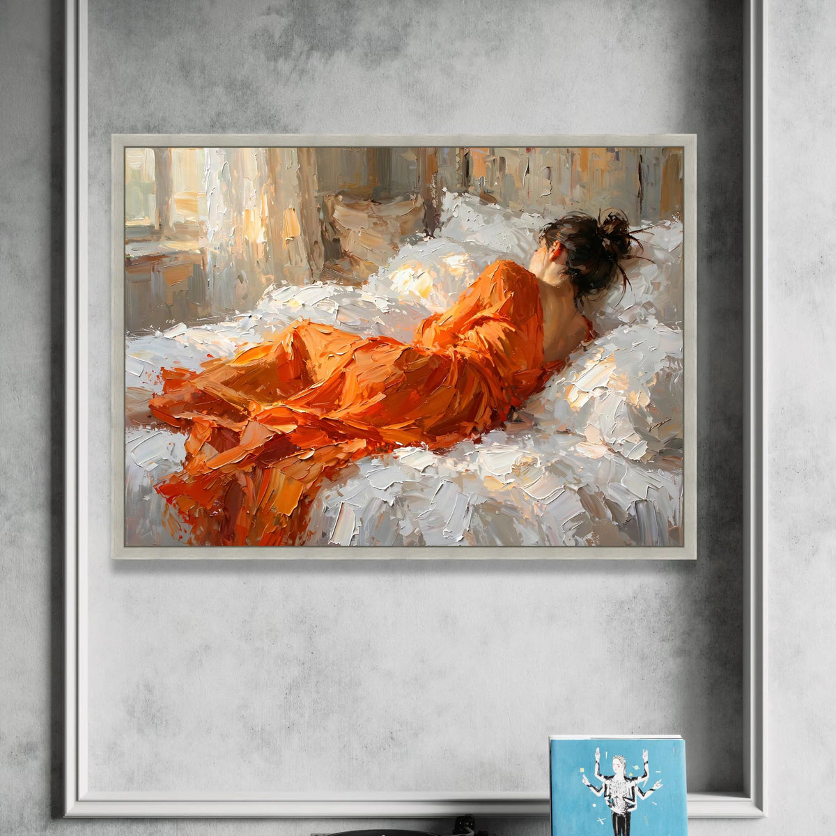 Woman Orange Dress Reclining, Bedroom Relaxation Canvas, Modern Impressionist Wall Art, Cozy Home Decor, Living Room Canvas Canvas Print Art