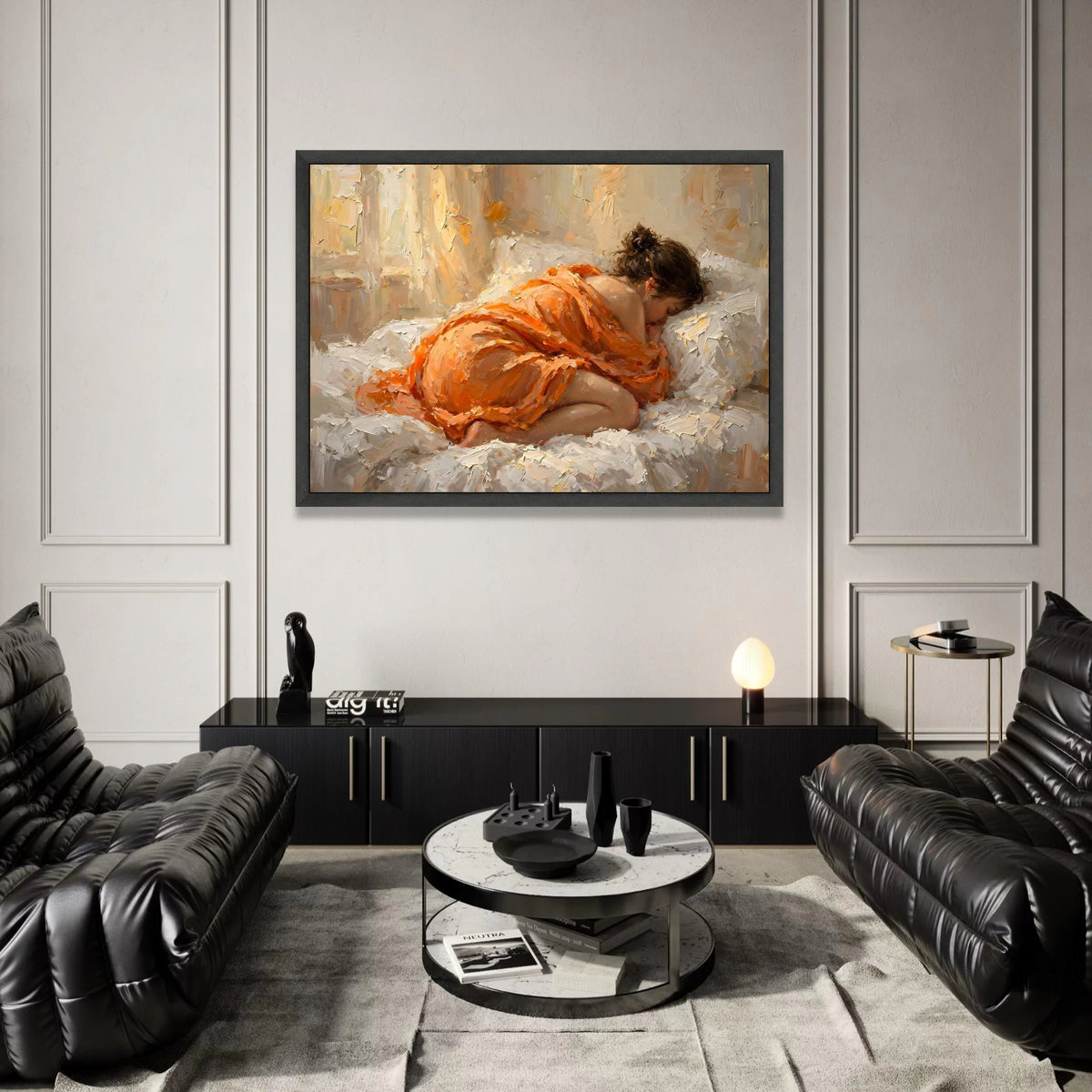Sleeping Woman Orange Dress Canvas, Cozy Bedroom Wall Art, Peaceful Rest Artwork, Contemporary Figurative Canvas, Home Canvas Print Art