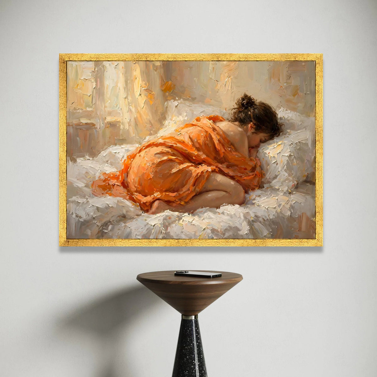 Sleeping Woman Orange Dress Canvas, Cozy Bedroom Wall Art, Peaceful Rest Artwork, Contemporary Figurative Canvas, Home Canvas Print Art