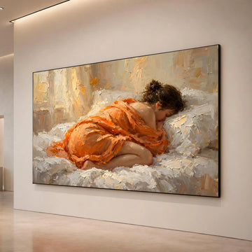 Sleeping Woman Orange Dress Canvas, Cozy Bedroom Wall Art, Peaceful Rest Artwork, Contemporary Figurative Canvas, Home Canvas Print Art