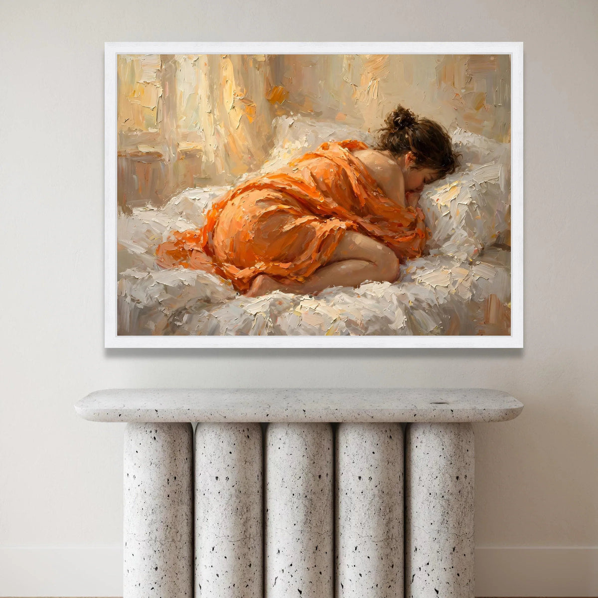 Sleeping Woman Orange Dress Canvas, Cozy Bedroom Wall Art, Peaceful Rest Artwork, Contemporary Figurative Canvas, Home Canvas Print Art