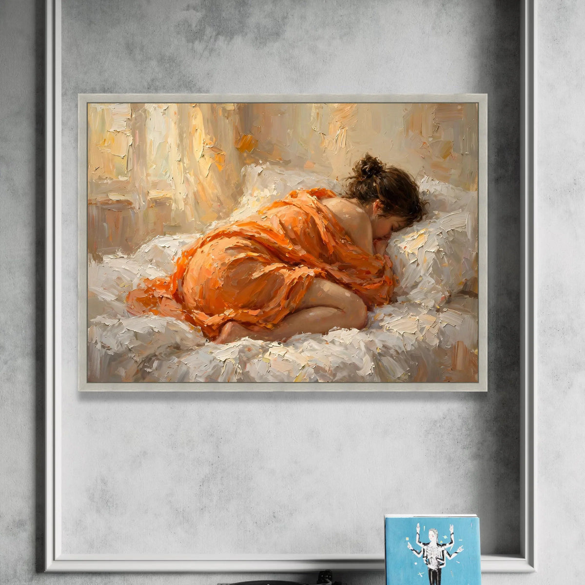 Sleeping Woman Orange Dress Canvas, Cozy Bedroom Wall Art, Peaceful Rest Artwork, Contemporary Figurative Canvas, Home Canvas Print Art