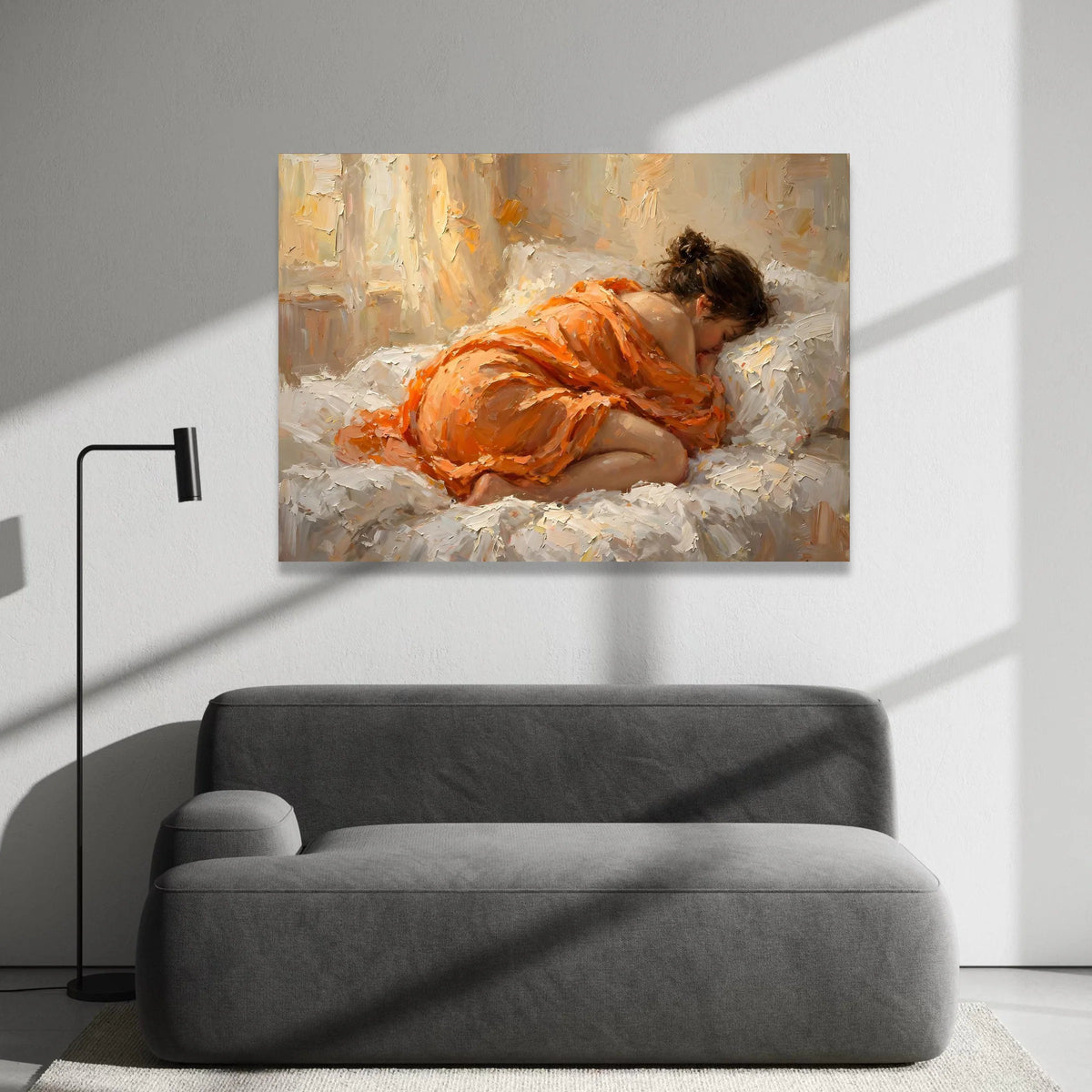 Sleeping Woman Orange Dress Canvas, Cozy Bedroom Wall Art, Peaceful Rest Artwork, Contemporary Figurative Canvas, Home Canvas Print Art