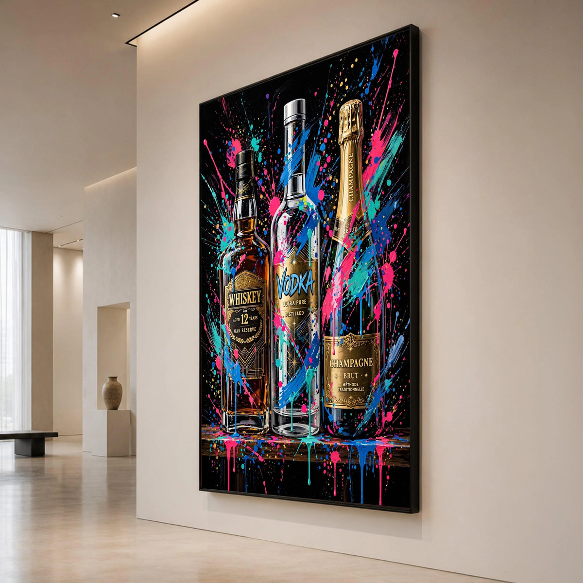 Vibrant Alcohol Bottles Canvas Wall Art, Whiskey Vodka Champagne Design, Color Splash Bar Decor, Modern Drink Illustration Canvas Print Art