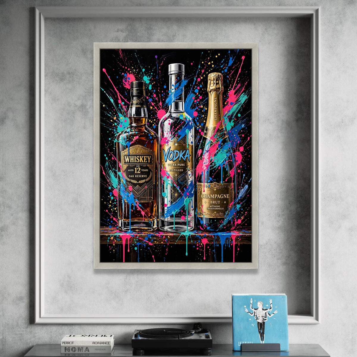 Vibrant Alcohol Bottles Canvas Wall Art, Whiskey Vodka Champagne Design, Color Splash Bar Decor, Modern Drink Illustration Canvas Print Art
