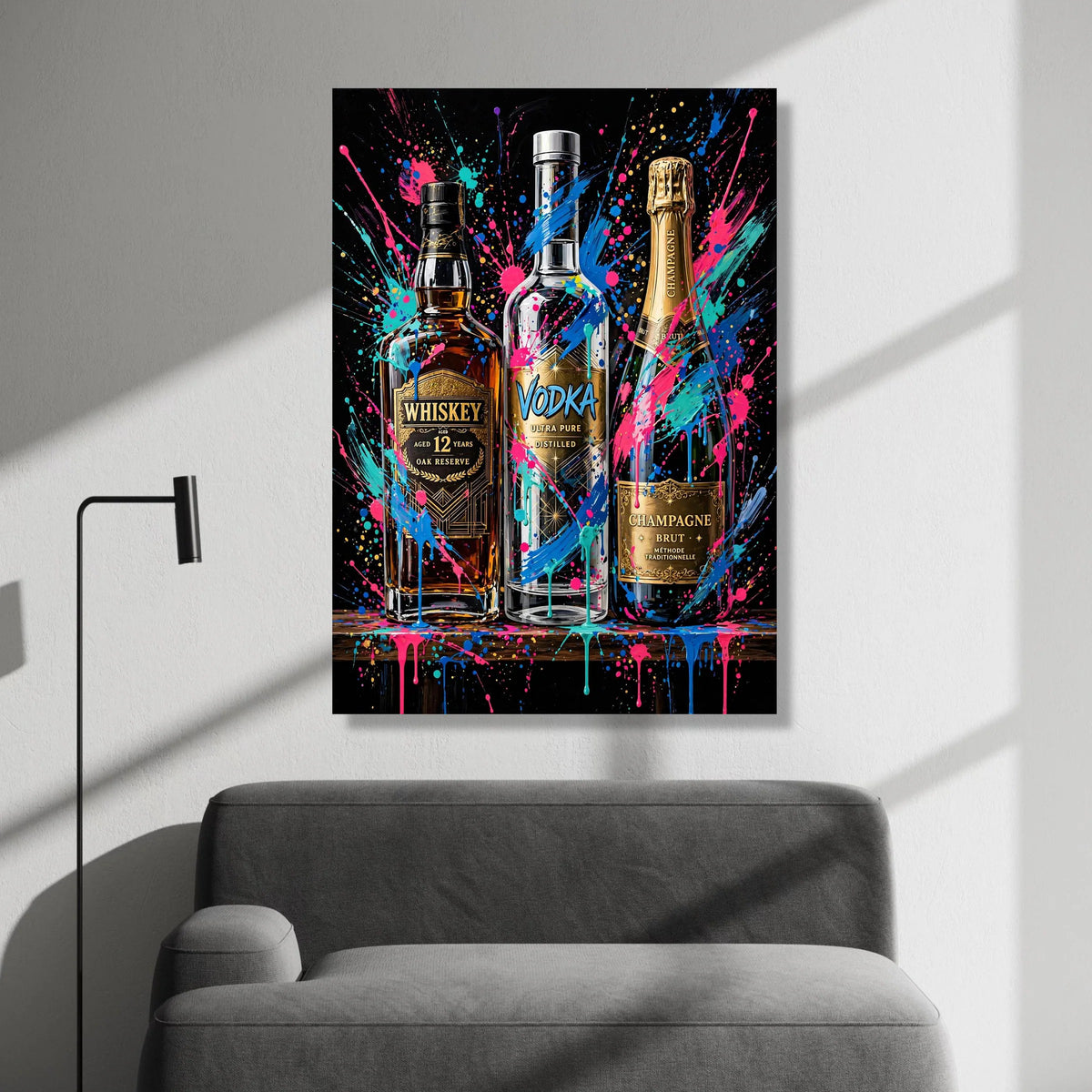 Vibrant Alcohol Bottles Canvas Wall Art, Whiskey Vodka Champagne Design, Color Splash Bar Decor, Modern Drink Illustration Canvas Print Art