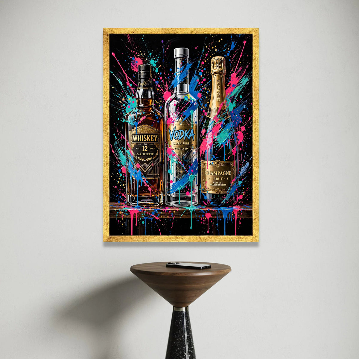 Vibrant Alcohol Bottles Canvas Wall Art, Whiskey Vodka Champagne Design, Color Splash Bar Decor, Modern Drink Illustration Canvas Print Art