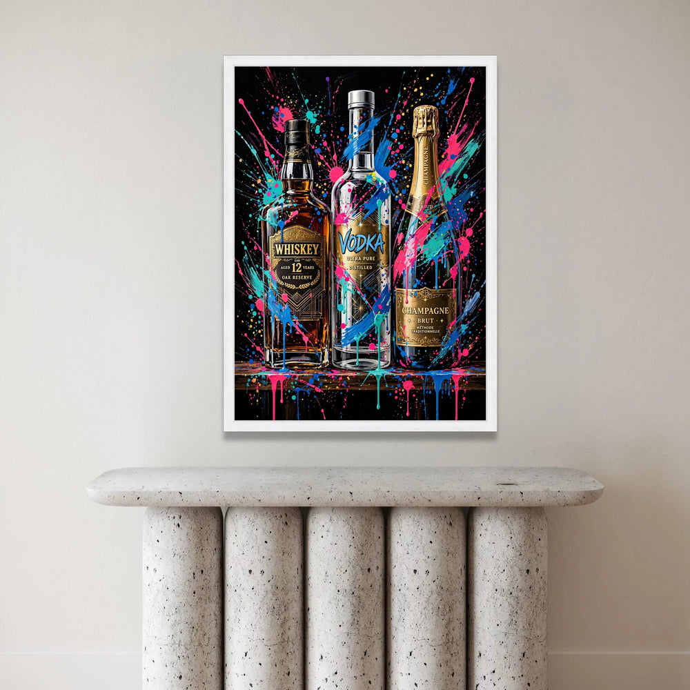 Vibrant Alcohol Bottles Canvas Wall Art, Whiskey Vodka Champagne Design, Color Splash Bar Decor, Modern Drink Illustration Canvas Print Art
