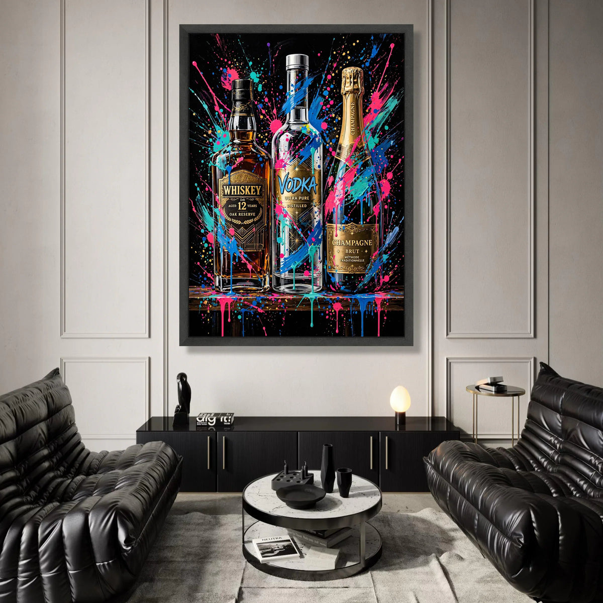 Vibrant Alcohol Bottles Canvas Wall Art, Whiskey Vodka Champagne Design, Color Splash Bar Decor, Modern Drink Illustration Canvas Print Art