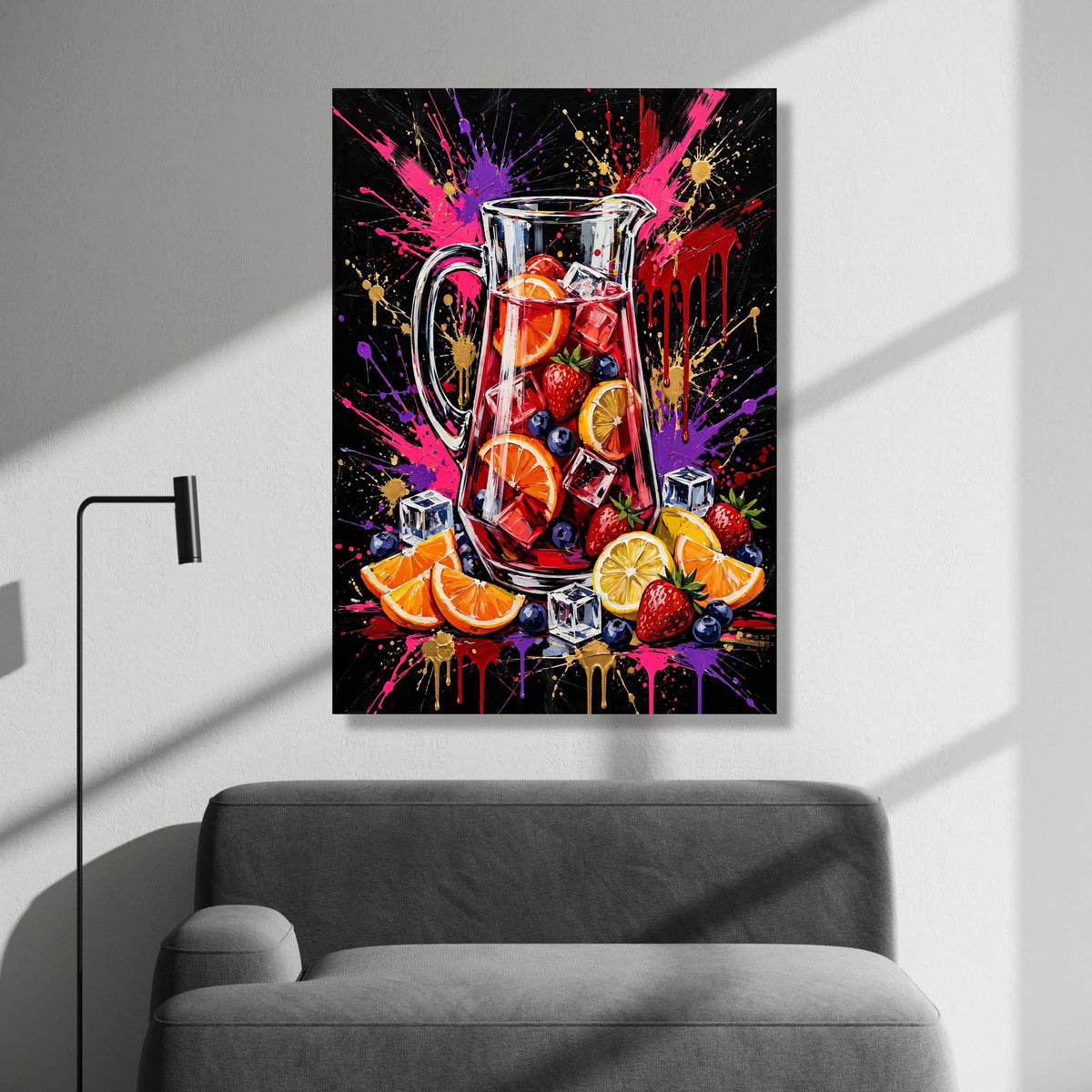 Colorful Fruit Punch Pitcher Canvas, Refreshing Summer Drink Wall Art, Citrus and Berry Decorative Canvas, Vibrant Kitchen Canvas Print Art