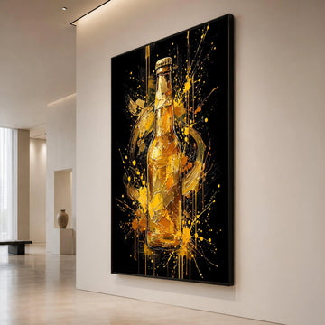 Abstract Beer Bottle Canvas, Modern Bar Wall Art, Splatter Paint Design, Golden Drink Decoration, Contemporary Home Canvas Canvas Print Art
